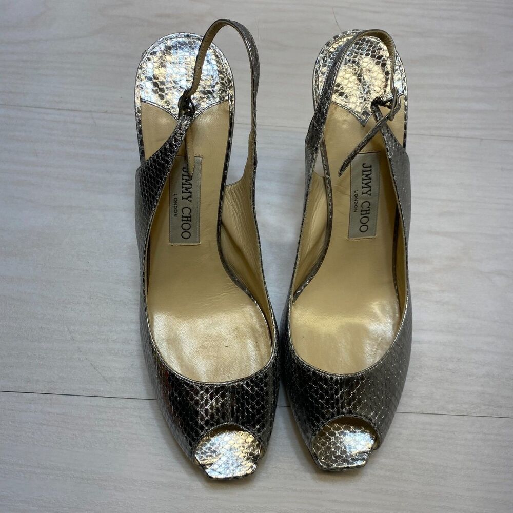 Jimmy Choo Heel Pumps Women's Size 12 Metallic Silver Watersnake Slingback Strap - Picture 7 of 12